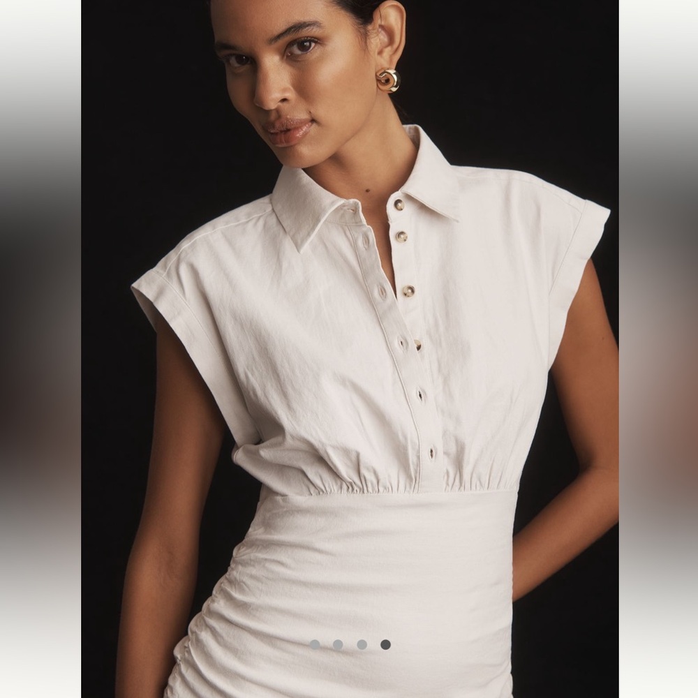 Anthropologie Cap-Sleeve Collared Linen Ruched Mini Dress